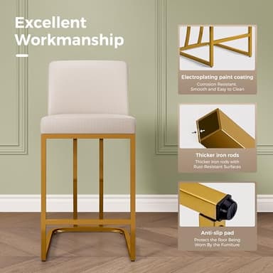MAISON ARTS Off White & Gold Counter Height Bar Stools with Back Set of 4 for Kitchen Counter 24 Inch Modern Upholstered Faux Leather Barstools Farmhouse Bar Chairs Luxury Island Stools Support 330LBS - Image 5