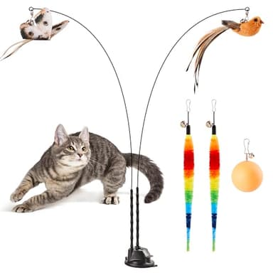Potaroma Suction Cup Cat Wand Toys, Dual-Wand Interactive Kitten Toy for Indoor Cats with 5 Pcs Feathers Balls Attachments, Charcoal Base - Image 1