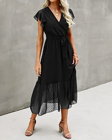BTFBM Women Summer Bohemian Floral Casual Wrap V Neck Ruffle Cap Sleeveless Belt A-Line Pleated Hem Swing Midi Sun Dress (Swiss Dot Black, x_l) - Image 3