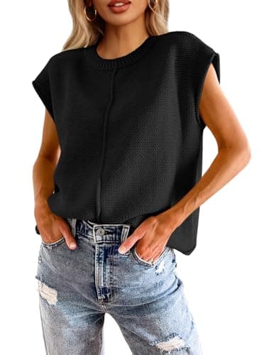 Saodimallsu Summer Tops for Women 2023 Casual Cap Sleeve Lightweight Knitted Loose Sweater Pullover Top Black - Image 1