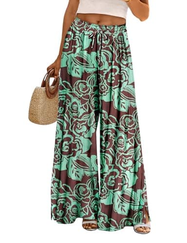 YESNO Women Summer Boho Palazzo Pants High Waist Wide Leg Floral Casual Cotton Lounge Trousers with Pockets L PP0 CR430 - Image 1