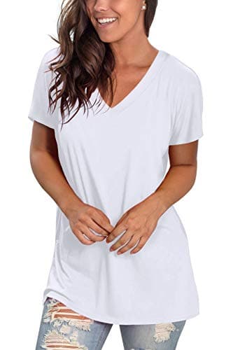 Sipaya T Shirts for Women Summer Casual Plain Tees Vneck Short Sleeve Tunic Tops for Leggings Luxury Women Fashion White L - Image 3