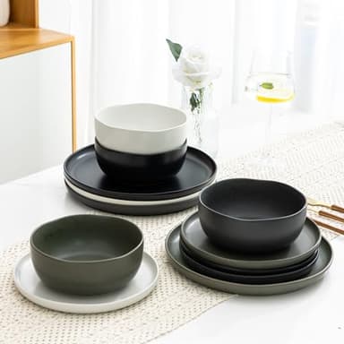 AmorArc Ceramic Dinnerware Sets, Wavy Rim Stoneware Plates and Bowls Sets, Highly Chip and Crack Resistant | Dishwasher & Microwave Dishes set, Service for 4 (12pc)-4 Color - Image 2