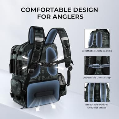 KastKing BaitSpace 50L Fishing Tackle Backpack with Removable Bait Binder,2 Rod Holders Storage Fishing Gear and Equipment,Black Camo - Image 7