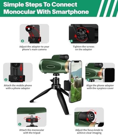 Monocular Telescope 80x100 High Power with Smartphone Adapter Tripod,Larger Vision Monoculars for Adults with BAK4 Prism & FMC Lens, Suitable for Bird Watching Hunting Hiking Camping Wildlife-Green - Image 3