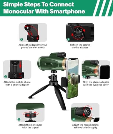 Monocular Telescope 80x100 High Power with Smartphone Adapter Tripod,Larger Vision Monoculars for Adults with BAK4 Prism & FMC Lens, Suitable for Bird Watching Hunting Hiking Camping Wildlife-Green - Image 5