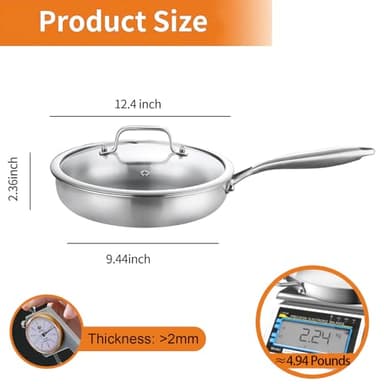 DELARLO Tri-Ply Stainless Steel Pan, 12 inch Frying Pan with Lid, Compatible with All Cooktops Up to 600℉, Fast & Even Heat, Skillet, Induction Cookware, Cooking Pan, Stir Fry Pan, Dishwasher Safe - Image 6