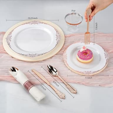 Bestluck 350PCS Rose Gold Plastic Plates for 50 Guests, Disposable Dinnerware Sets Include 100 Rose Gold Rim Plastic Plates, 50 Silverware and Cups, 50 Pre Rolled Napkins for Party, and Graduation - Image 2