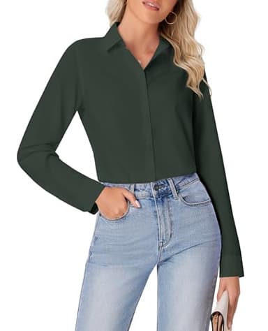 siliteelon Button Down Shirt for Women Wrinkle Free Tops for Ladies Long Sleeve Work Blouses Buisiness Casual Fall Outfits Dark Green - Image 3