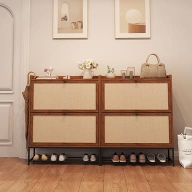 AVZEAR Narrow Shoe Storage Cabinet for Entryway with 2 Flip Drawers, Freestanding Shoe Cabinet with Natural Linen Panel, Slim Wood Shoe Organizer Closed Shoe Rack for Hallway, Foyer(Walnut) - Image 7