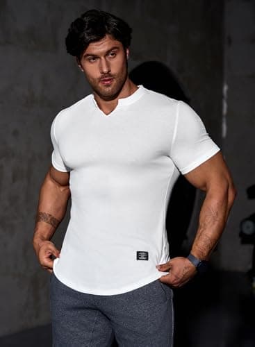 JMIERR Men's Muscle Shirt V Neck Slim Longline Short Sleeve Henley Shirt Gym Workout Athletic Tees Shirts Mens Tights for Sports,US 46(XL) - Image 2