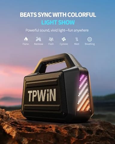 TPWIN Bluetooth Speaker - 80W Loud Rugged Outdoor Speakers, IPX6 Waterproof, 20H Playtime, Deep Bass, Lightshow, TWS, BT 5.3 Wireless, Portable for Travel Hiking Camping Beach Pool - Black - Image 6