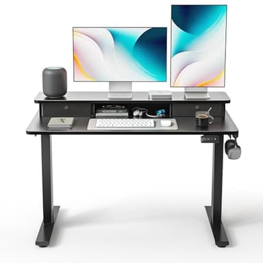 FEZIBO 48 x 24 Inch Height Adjustable Electric Standing Desk with Double Drawer, Stand up Home Office Computer Desk with 4 Height-Adjustable Feets & 2 Hooks,Black - Image 1
