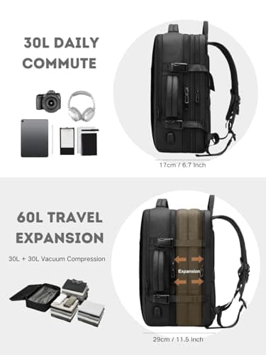 POIXM Vacuum Seal Compression Backpack Travle Backpack 60L Expandable Vacpack with USB Charging Port, Carry-On Suitcase Luggage Water-Resistant (Vacuum Pump Included) - Image 4