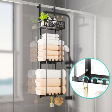HapiRm Towel Rack Bathroom Storage - 3 Tier Over The Door & Wall Mounted Rolled Towel Racks Holder Organizer with Metal Shelf and 6 Hooks for Small Bathroom, Camper, Rv - Black - Image 4