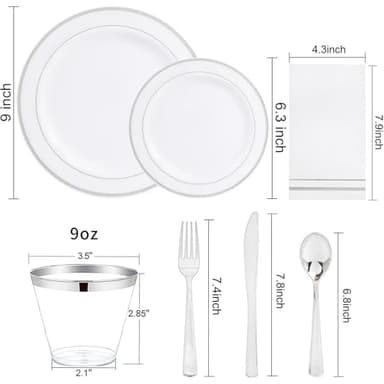 GATHER 700PCS Silver Plastic Plates - Silver Plate Set 100Guest - Disposable Dinnerware Sets 100Silver Rim Dinner Plates 100Silver Dessert Plate 100Paper Napkins&Cups&silver Plastic Silverware Set - Image 6