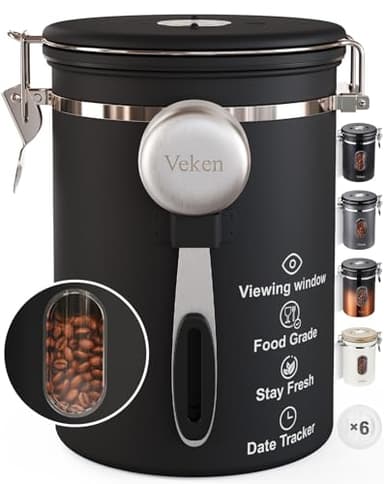 Veken Coffee Canister with Window,Airtight Stainless Steel Container,Home Kitchen Food Storage Organizers for Grounds,Beans,Espresso,Rice,Tea,Sugar,Cereal, Flour,Scoop,Bar Accessories,Gifts,22OZ,Black - Image 1
