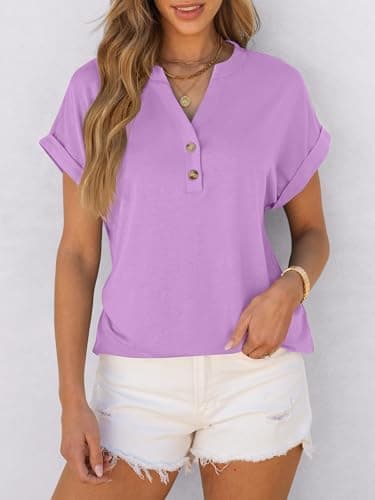 ANRABESS Womens Short Sleeve Henley Tops V Neck Dressy Casual Loose Fit Shirts Summer Flowy Blouses 2025 Trendy Clothes Light Purple Medium - Image 3