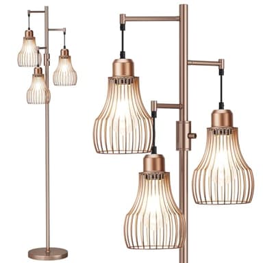 Ziisee Dimmable Floor Lamps for Living Room, Industrial Tree Standing Tall Lamps with 3 Elegant Cage Shade & 800 Lumens LED Bulbs for Bedroom Office - Brown - Image 7