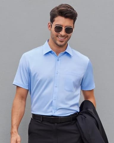 Alimens & Gentle Mens Short Sleeve Dress Shirts Wrinkle Free Solid Casual Button Down Shirts with Pocket, Light Blue, 4X-Large - Image 8