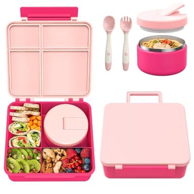 Pawtong Bento Lunch Box with 8oz Soup Thermo, Kids Leakproof Lunch Food Containers with 4 Compartment, Kids Thermo Insulated Hot Food Jar for School, Trvael - (Pink) - Image 1