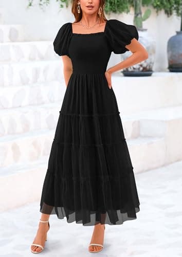 PRETTYGARDEN Women's Smocked Midi Tulle Dress 2025 Summer Puffy Short Sleeve Square Neck Ruffle Wedding Guest Party Dresses (Black,Medium) - Image 6