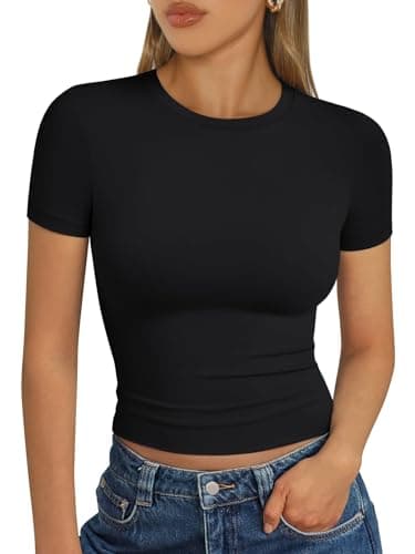 Trendy Queen Womens Basic T-Shirts Scoop Neck Short Sleeve Crop Tops Cute Summer Tops Slim Fit Tees Y2k Clothing 2024 Black M - Image 1