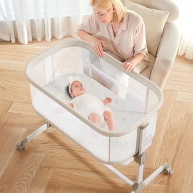 Fodoss Baby Bassinets Bedside Sleeper - All Mesh Bedside Bassinet with Wheels, 7 Height Adjustable Baby Bassinet for Infants, Beige - Image 1