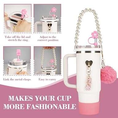Brohood Compatible with Stanley Cup Accessories, Cup Accessories for Stanley with Tumbler Straw Cover, Pearl Water Bottle Handle Strap, Boot, Keychain Charms for Stanley 30/40 oz Decorations (Pink) - Image 3