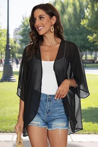 Women Summer Tops Kimono Cardigans Sheer Beach Cover Ups Chiffon Open Front Shirts （Black,L - Image 7