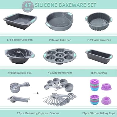 Tongjude 47 Pieces Silicone Baking Pans Set, 6 Silicone Cake Molds, Loaf Pan, Doughnut Pans, Non-Stick Baking Cup, with Measuring Cups and Spoons Set, Grey - Image 7
