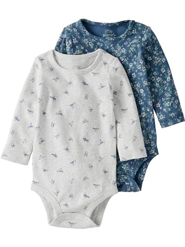little planet by carter's unisex-baby 2-pack Long Sleeve Bodysuits made with Organic Cotton, Blue Meadow/Bird Print, 3 Months - Image 1