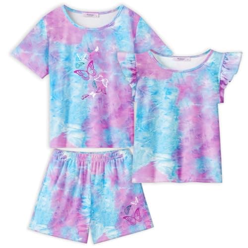 Arshiner Girls Pajamas Set Short Sleeve Pjs Sleepwear 3PCS Summer Lounge Sets Nightwear Blue Tie-Dye 12-13Years - Image 1