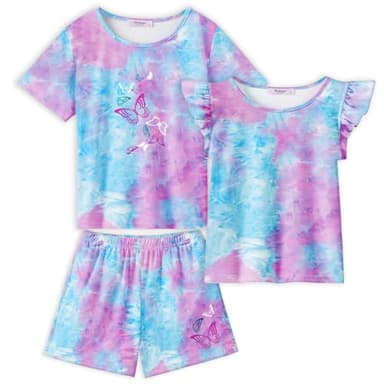 Arshiner Girls Pajamas Set Short Sleeve Pjs Sleepwear 3PCS Summer Lounge Sets Nightwear Blue Tie-Dye 12-13Years - Image 1