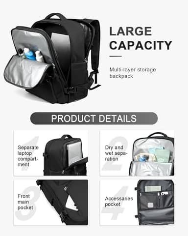 WONHOX Travel Backpack Women,Carry On Backpack Flight Approved 18x14x8 inches Bag Spirit Airlines Personal ltem,College Sports Hiking Rucksack Waterproof Casual Daypack Laptop Blackpack Men,Black - Image 4