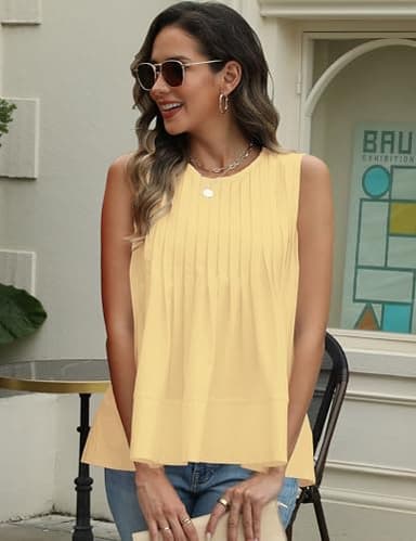 Megfie Womens Summer Pleated Peplum Sleeveless Blouse Tank Tops Round Neck Y2K Babydoll Blouse Shirt(0869-Yellow-S) - Image 6