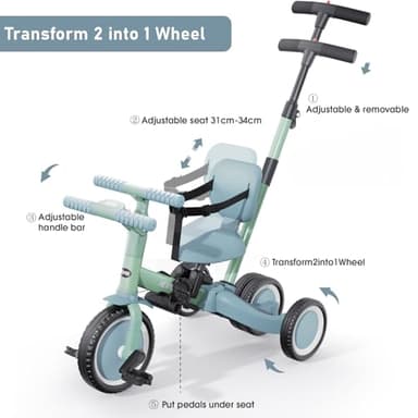 newyoo Toddler Tricycle with Push Handle for 1-3 Year Old, Toddler Bike, Birthday Gifts and Toys for Boys and Girls, 5 in 1 Kids Trike, Convert to Baby Balance Bike, Green, TR007 - Image 3