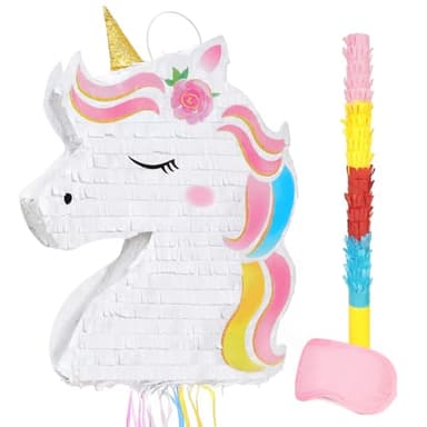 WERNNSAI Foldable Unicorn Piñata - Pull String Unicorn Birthday Party Supplies Extendable Unicorn with Blindfold Bat and Tassels Unicorn Birthday Party Decoration Games Folding Piñatas for Kids - Image 1