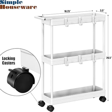 Simple Houseware 3-Tier Slim/Narrow Storage Cart with Handle, 5.5'' Wide x 26.5'' Height Rolling Organizer for Kitchen, Bathroom, Laundry Room - White - Image 3