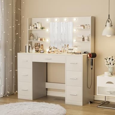 Furmax Vanity Desk with Mirror, LED Lights and Power Outlet Makeup Vanity Table with 7 Drawers and 6 Storage Shelves Dressing Table for Bedroom Dressing Room (White) - Image 2