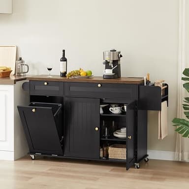 60" Kitchen Island with Power Outlet & Drop Leaf, Kitchen Rolling Island with Spice Rack & Towel Rack, Knife Holder, Kitchen Island Cart with Trash Storage Cabinet, Mobile Island Table for Kitchen - Image 8