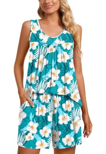 TAOHUADAO Womens Summer 2 Piece Pajama Sets, Sleeveless Tunic Tops with Shorts, Lounge Sleepwear Ladies Pjs Sets with Pockets 4XL, Blue-White Freesias - Image 2
