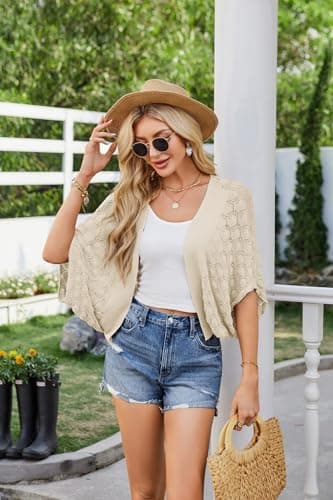 Women's 2024 Batwing Crochet Open Front Summer Shrug Cardigan Apricot M - Image 2
