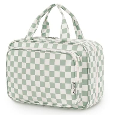 Narwey Travel Toiletry Bag for Women Large Hanging Makeup Bag Organizer Toiletries Bag for Full Size Essentials Accessories Cosmetics (Mint Green Checkerboard (Large)) - Image 1