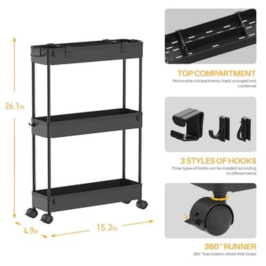 SPACELEAD Slim Storage Cart 3 Tier,Bathroom Organizer Rolling Utility,Mobile Shelving Unit Slide Out for Office, Kitchen, Laundry Room & Narrow Places,Black - Image 4