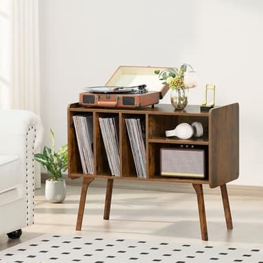 Lerliuo Record Player Stand with 4 Cabinet Holds Up to 220 Albums, Large Turntable Stand with Beech Wood Legs, Mid-Century Record Player Table,Brown Vinyl Holder Storage Shelf for Bedroom Living Room - Image 4