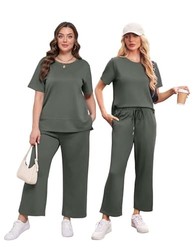 XIEERDUO 2 Piece Set for Women Summer Travel Outfits Spring Loungewear Short Sleeve Vacation Clothes Wide Leg Capri Pants Matching Lounge Sets Women's Track Suit Loose Fit XL - Image 3