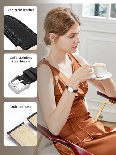 EACHE 12mm Leather Watch Bands for Women Ladies Quick Release Black Leather Watch Band Replacement Strap with Silver Buckle - Image 3
