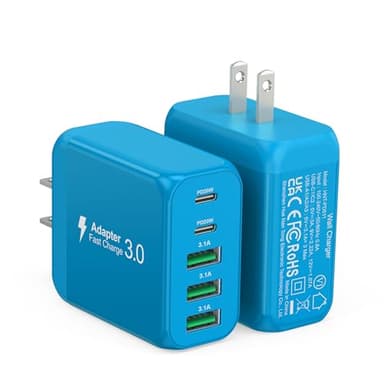 2-Pack USB C Wall Charger Block,50W 5-Port C Charger Fast Charging Block PD Power Adapter +QC 3.0 Multiport Type C Box Charger Cube USB A Wall Plug for iPhone 16/15/14/13 Pro Max,Samsung Galaxy(Blue) - Image 1
