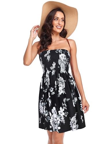 rosemia Summer Dress for Women Off Shoulder Casual Outfits Sleeveless Boho Beach Cover Ups(White Grey Flower Pattern,M) - Image 2